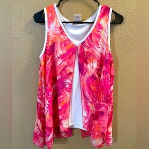 Silky decorative front slit pink and white flowery tank